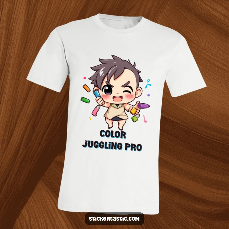 Funny T-Shirt: Focused character adeptly juggling various colored markers, showcasing artistic flair. Perfect funny gift for creators.
