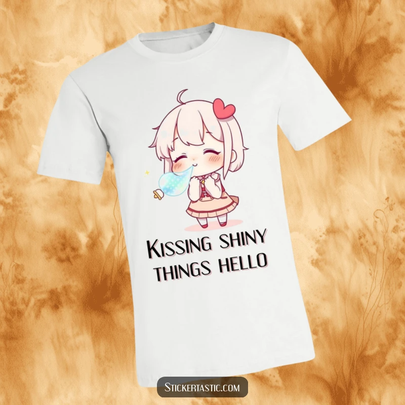 Funny T-Shirt featuring a character blowing a kiss towards a shimmering sticker, perfect for expressing love with humor.