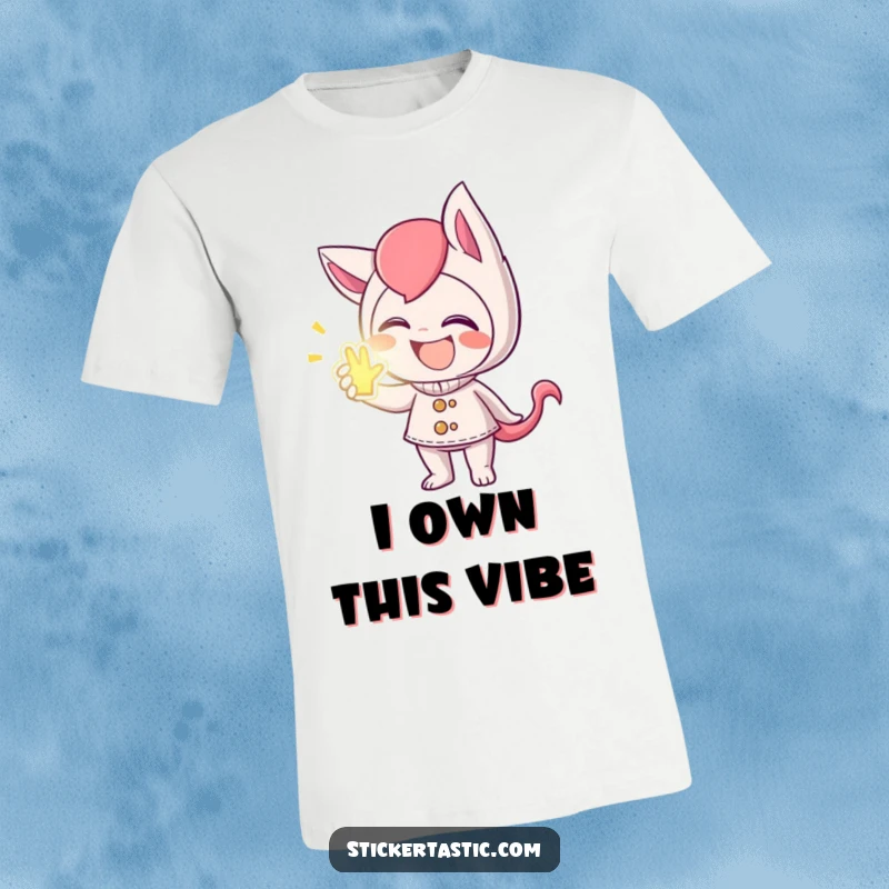 Funny t-shirt featuring a mischievous character giggling and giving a glowing sticker, ideal for spreading joy.