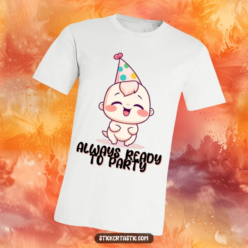 Funny t-shirt of a character in a silly party hat, captured mid-giggle. Excellent humorous apparel for celebrations.