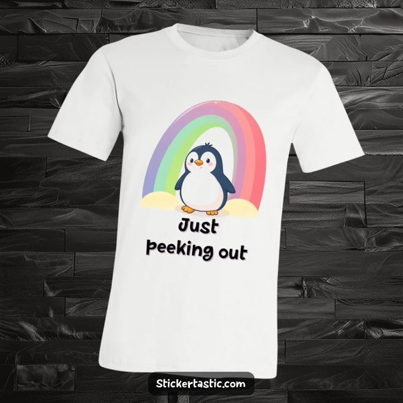 Funny Penguin T-Shirt: A curious penguin peeking out from behind a huge, colorful rainbow, designed for maximum charm and smiles.