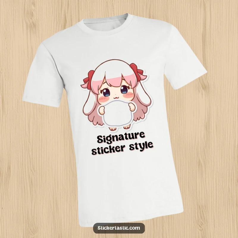 Funny t-shirt featuring a character with flushed cheeks holding a uniquely shaped sticker, highlighting pride and the joy of collecting.