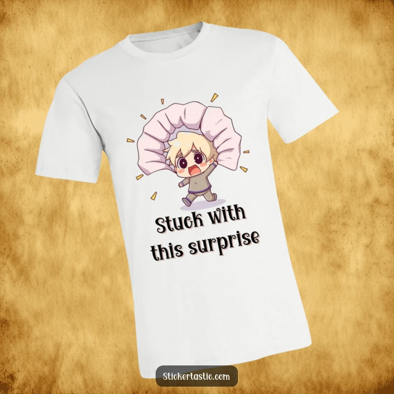 Funny T-shirt with a shocked character recoiling from a massive, unfurling sticker, capturing a moment of pure surprise.
