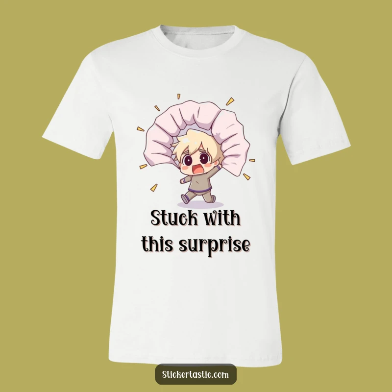 Funny Shocked Character T-Shirt - Unfurling Sticker Surprise Tee