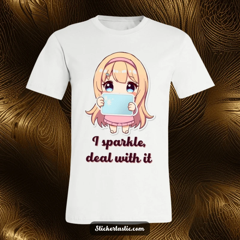 Funny T-Shirt: Adorable character proudly presents a shimmering, sparkling sticker, embodying delight and fun, a treasure.