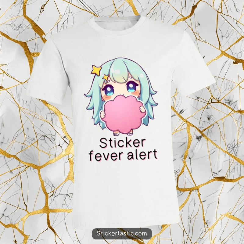 Funny starry-eyed character t-shirt with a cute character holding a huge, colorful sticker, eyes full of wonder.