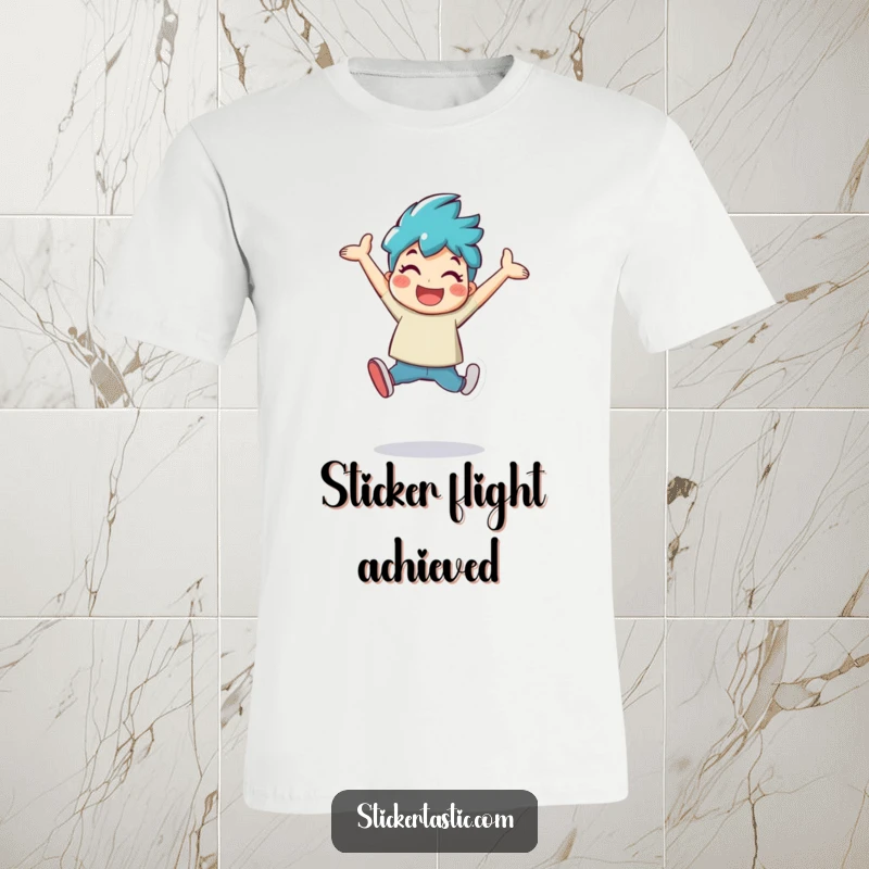 Funny character leaping with a large, shiny sticker on a comfortable t-shirt, celebrating happiness and fun.