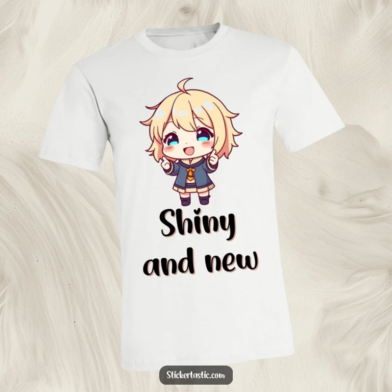Funny T-Shirt: Happy character proudly showing off a shiny new sticker, looking pleased. Perfect funny gift.