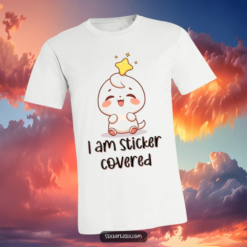 Funny sticker head t-shirt featuring a small, giggling character in the hilarious moment a shiny sticker lands directly on its head.