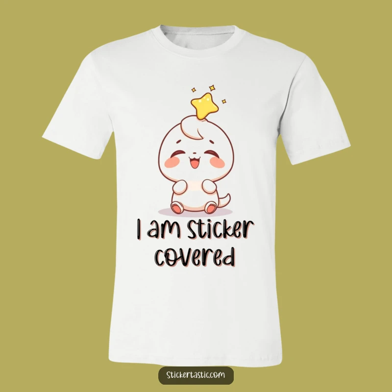 Funny Sticker Head Tee: Character's Giggling Delight in a Shiny Sticker Landing, Great Funny Gift