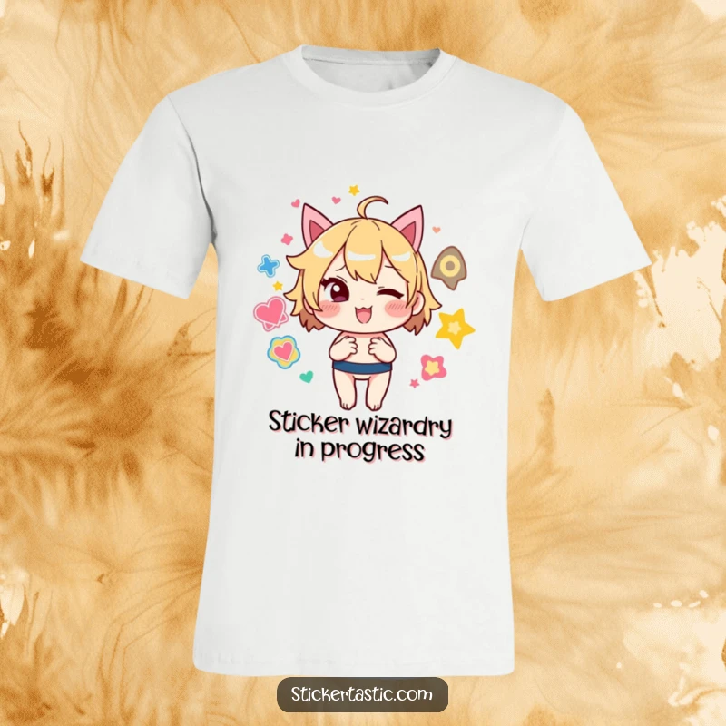 Funny T-Shirt: Mischievous sticker juggling character with a wink, radiating playful vibes and colorful fun.