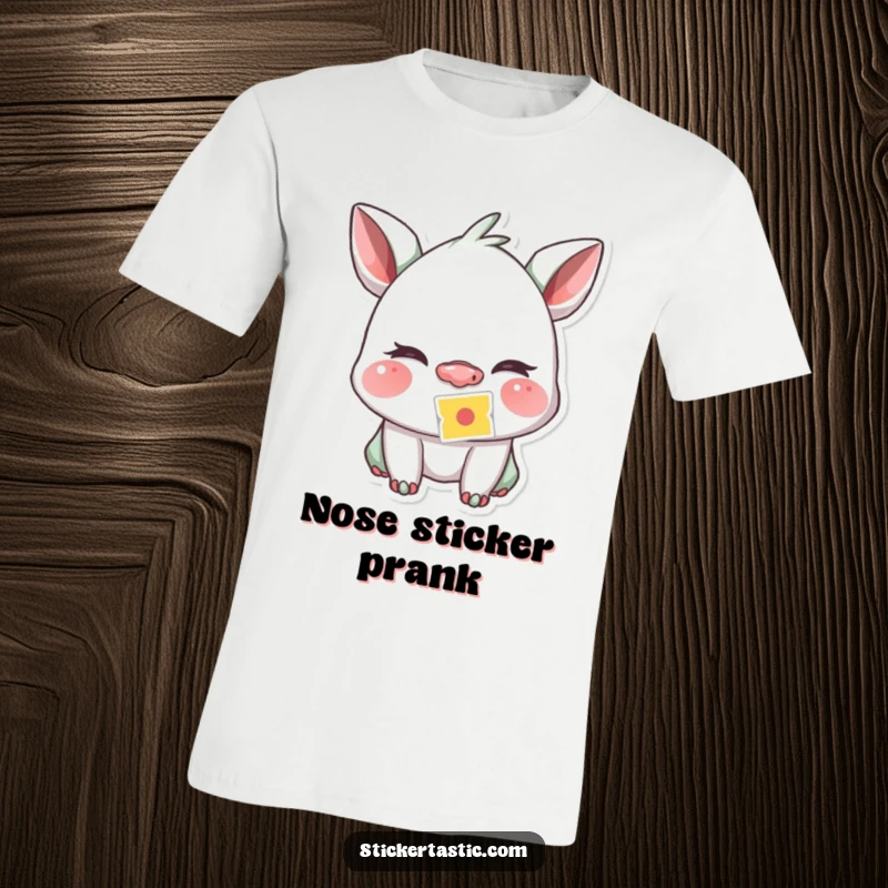 Funny creature winking playfully with a sticker stuck to its nose on a comfortable t-shirt, perfect for playful souls.