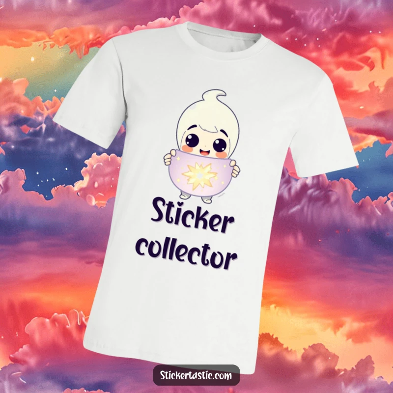 Funny T-Shirt: A grinning character joyfully presenting a huge, sparkling sticker, radiating pride. Perfect funny gift.