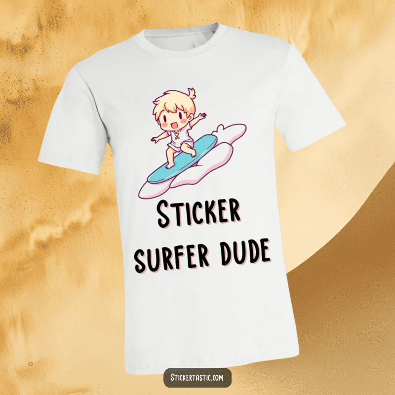 Funny T-Shirt: Happy character rides a giant floating sticker like a surfboard, radiating fun and excitement.