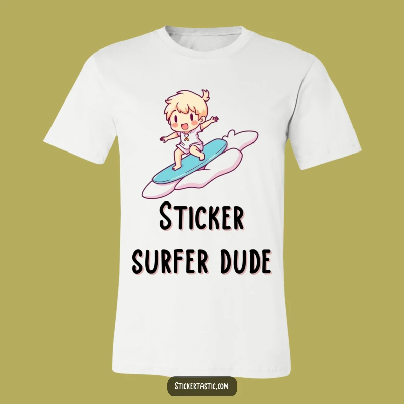 Funny Surfer Sticker T-Shirt: Happy Character Riding, Cool Funny Gift