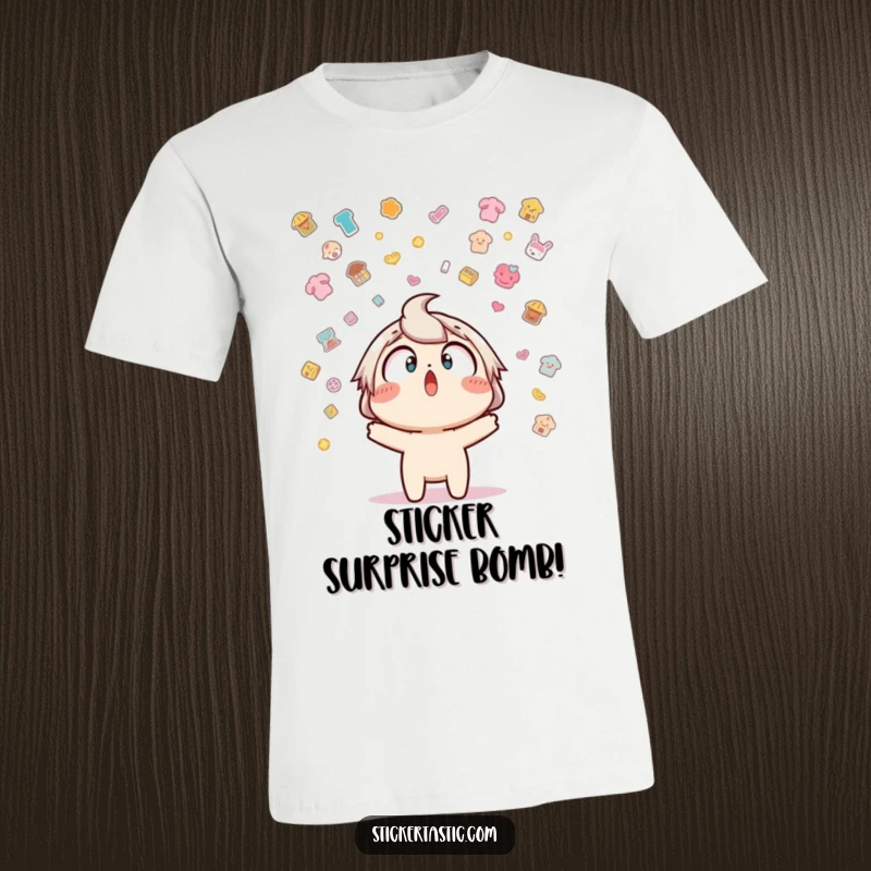 Funny t-shirt graphic of a character surprised by a cascade of stickers falling from above, capturing a moment of playful chaos.