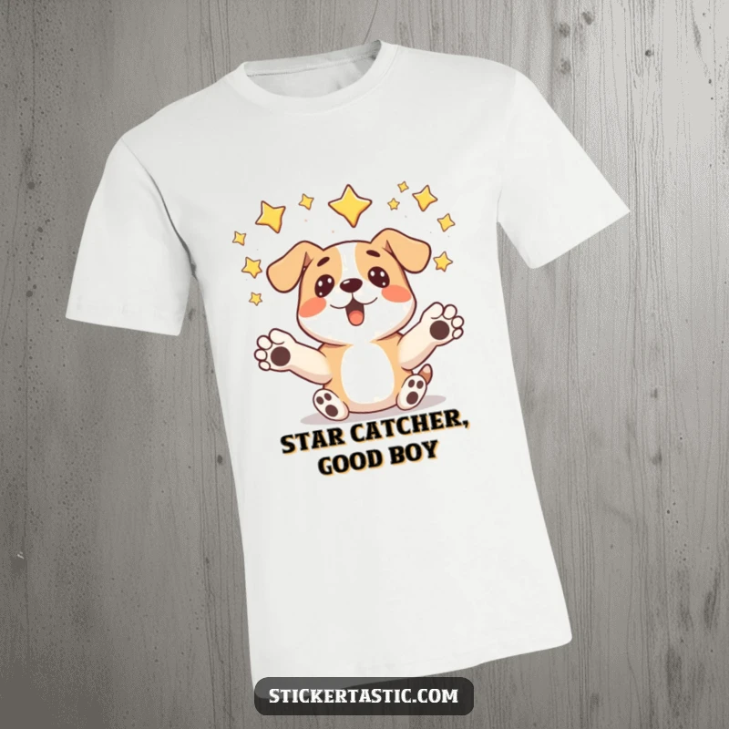 Funny surprised dog t-shirt featuring a dog with paws outstretched, humorously catching falling stars with wide-eyed wonder.