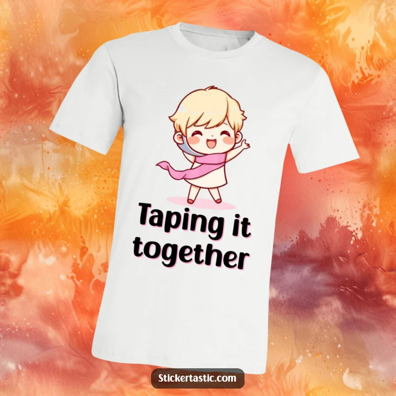 Funny T-Shirt: A cheerful character spontaneously dancing with a roll of tape, radiating pure happiness. Great funny gift.