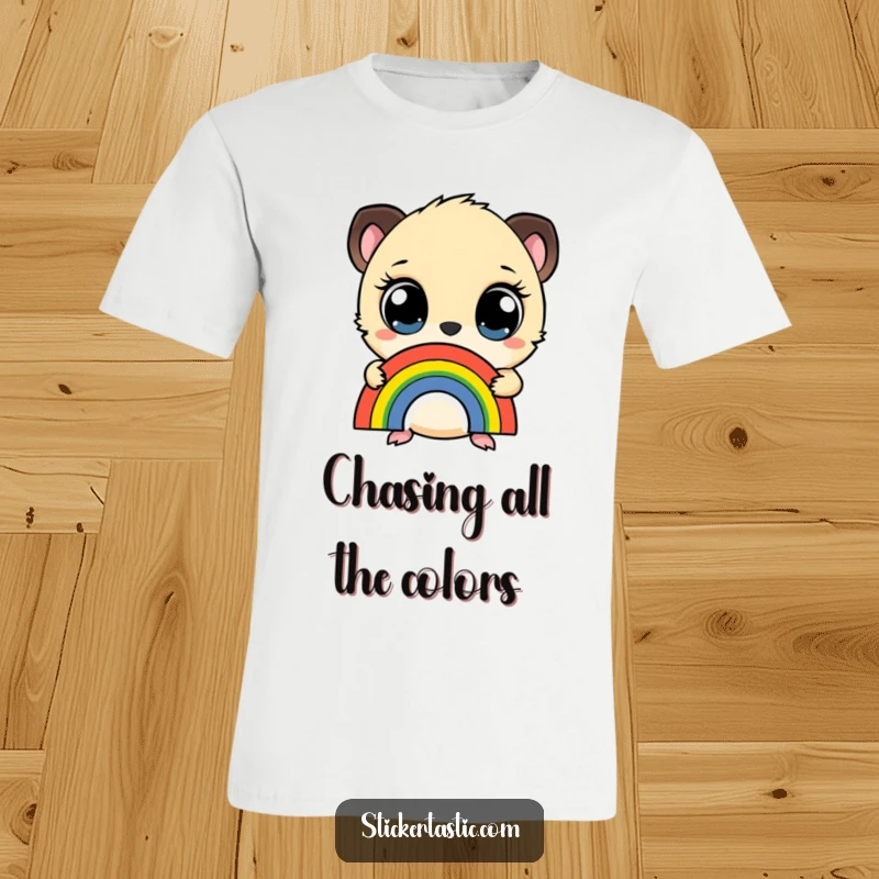 Funny t-shirt featuring a small creature with wide eyes, happily holding a vibrant rainbow sticker, symbolizing joy and positivity.