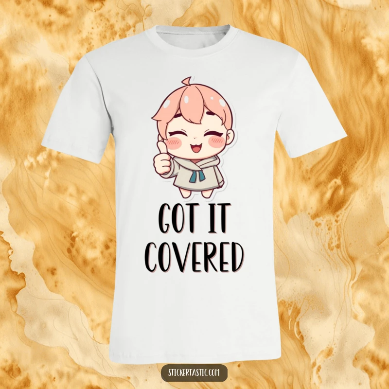 Funny T-Shirt: Character winking and giving a thumbs up with a sticker, exuding confidence. Awesome funny gift.