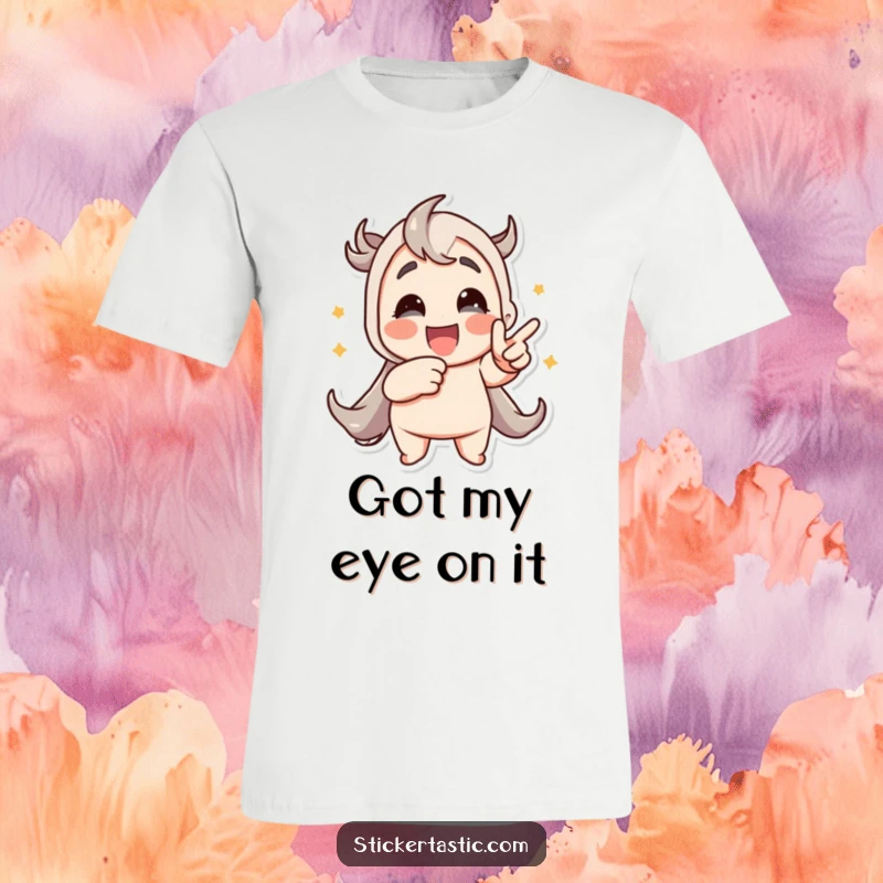 Funny men's t-shirt showing a character enthusiastically pointing at a cool, animated sticker, humorously representing sticker collecting.