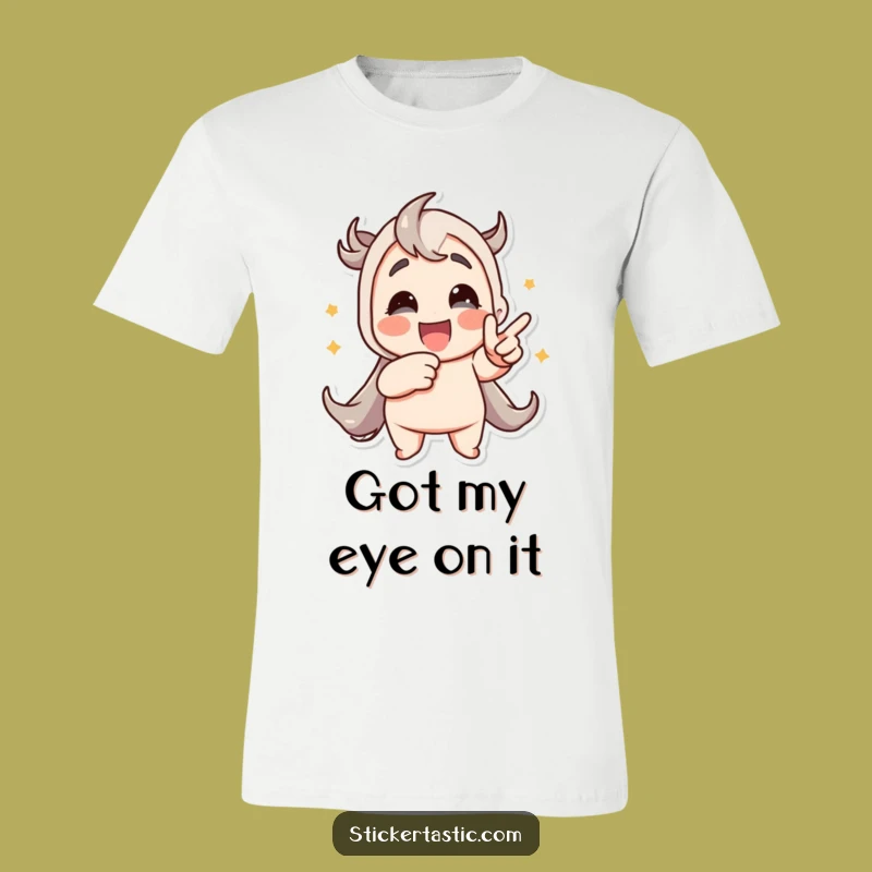 Funny Sticker Fan T-Shirt: Enthusiastic Character Pointing at Animated Art
