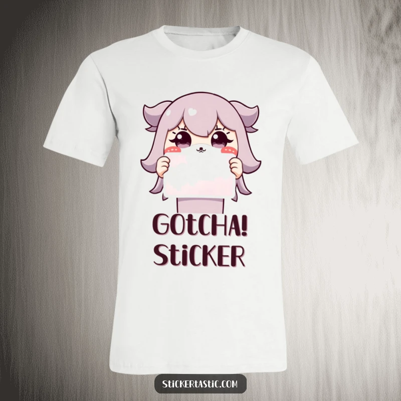 Funny Grinning Character T-Shirt: A cute character beams with a wide, surprised grin while presenting a vibrant sticker.