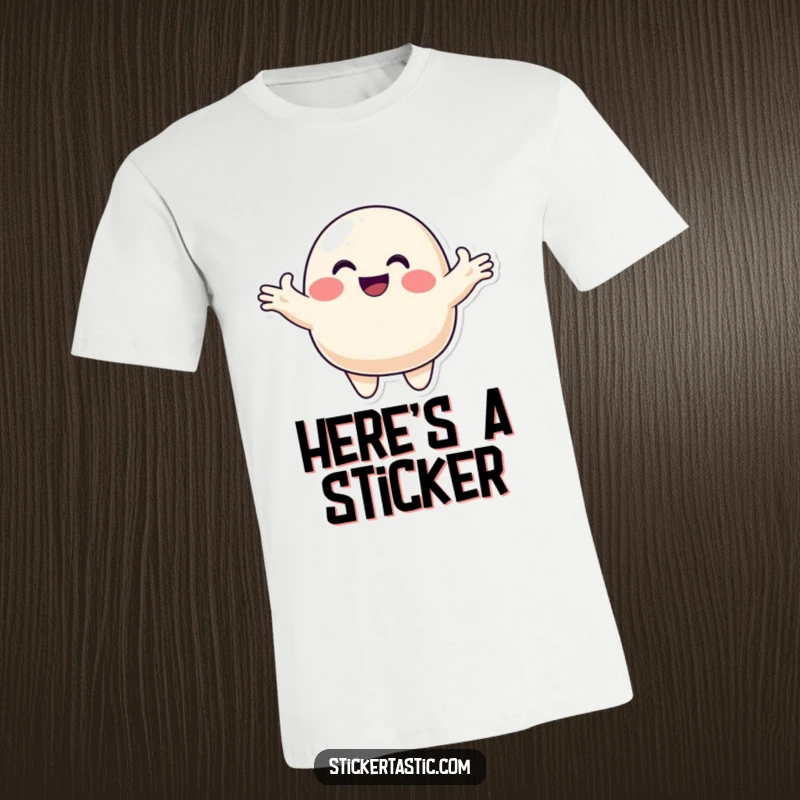 Funny blob t-shirt with a smiling character offering a vibrant sticker, embodying a spirit of giving and cheerful inclusiveness.