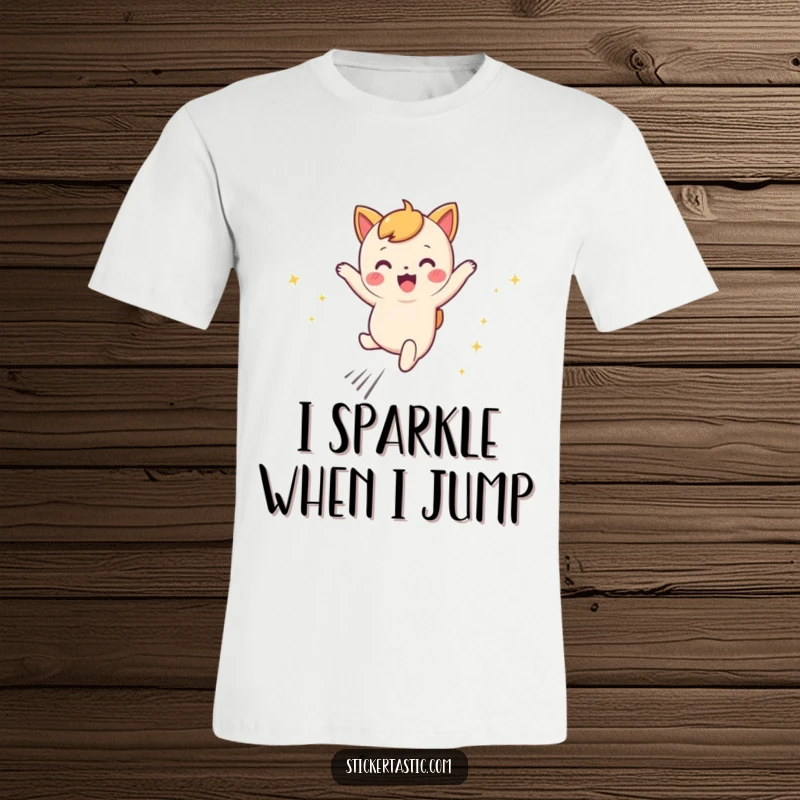 Funny leaping character t-shirt depicting a cute character joyfully leaping, adorned with vibrant, shimmering sparkly trails.