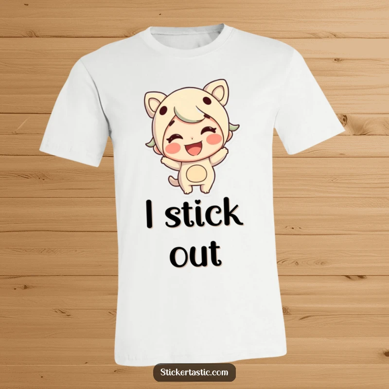 Funny grinning character t-shirt happily sticking a large colorful sticker, representing enthusiasm and fun.