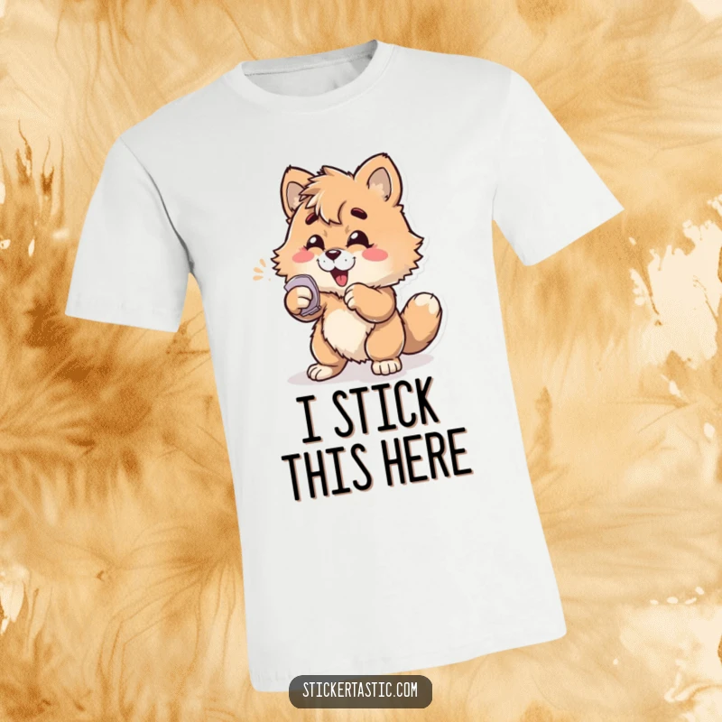 Funny furry character enthusiastically slapping a sticker onto a surface, printed on a comfortable t-shirt, perfect for sticker enthusiasts.