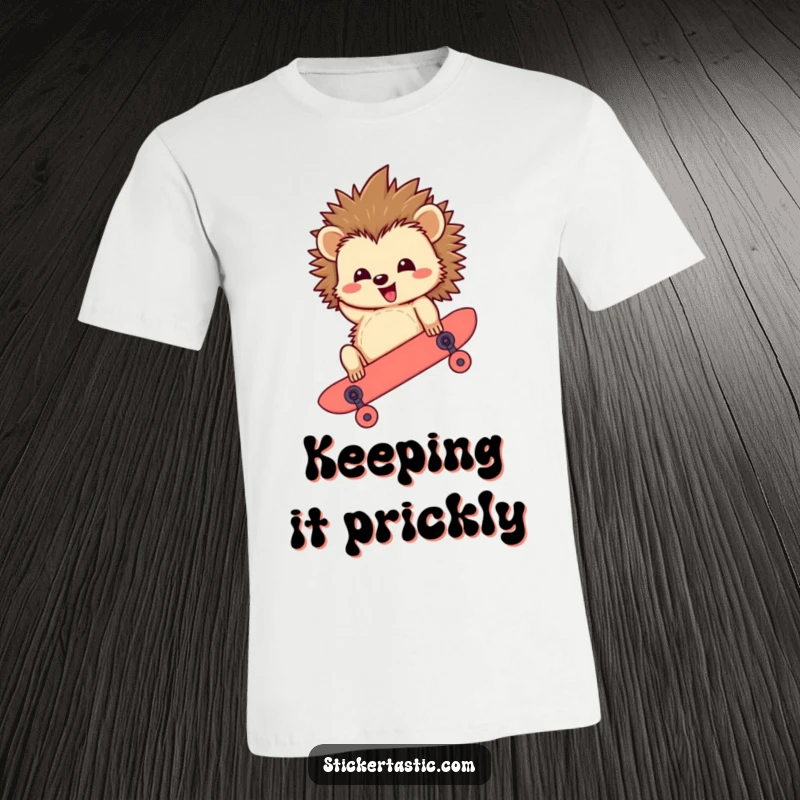 Funny Hedgehog T-Shirt: A happy hedgehog riding a skateboard upside down with impressive balance, designed for maximum comical effect.
