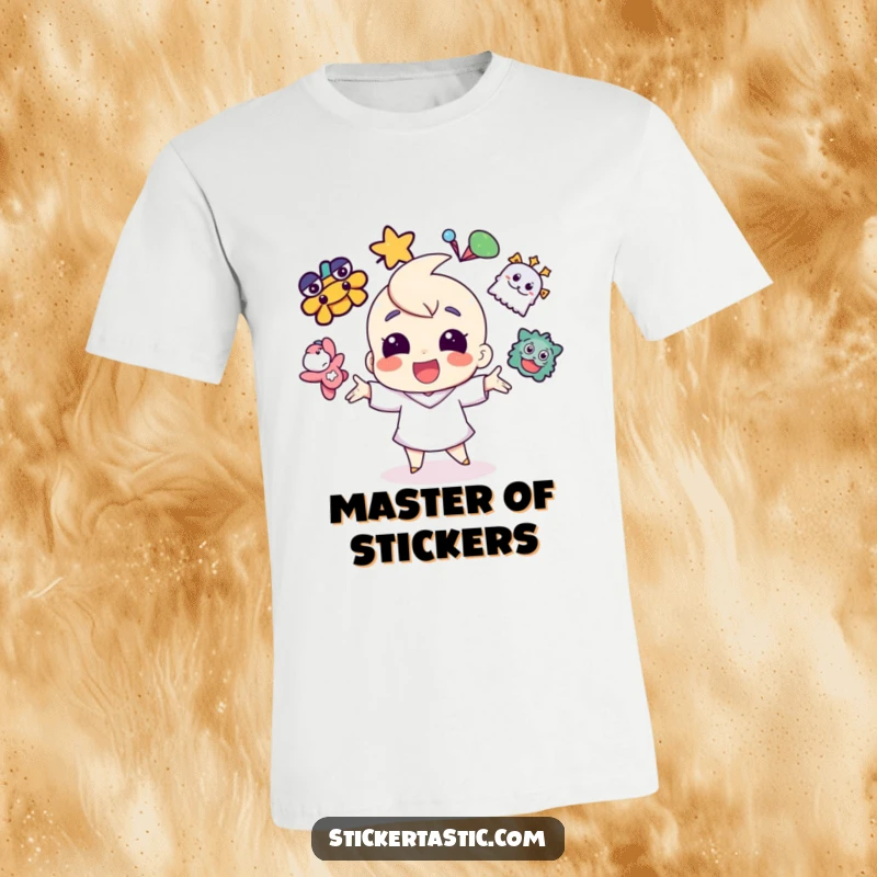 Funny cheerful character expertly juggling vibrant stickers on a t-shirt, symbolizing skill and bright enthusiasm.