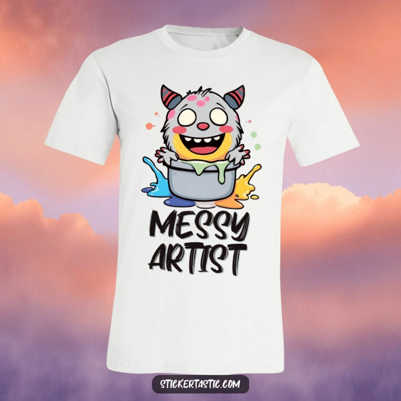 Funny giggling monster character joyfully splashing vibrant paint in a large pot, featured on a comfortable graphic t-shirt.