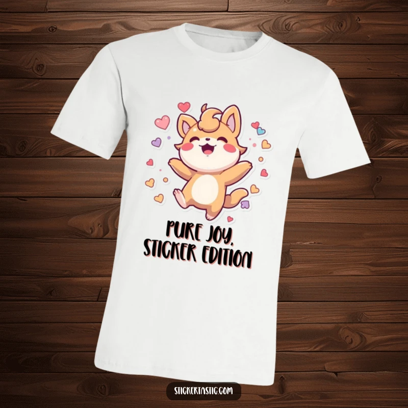 Funny T-Shirt: Delightful stylized creature bounces ecstatically, surrounded by a vibrant array of stickers.