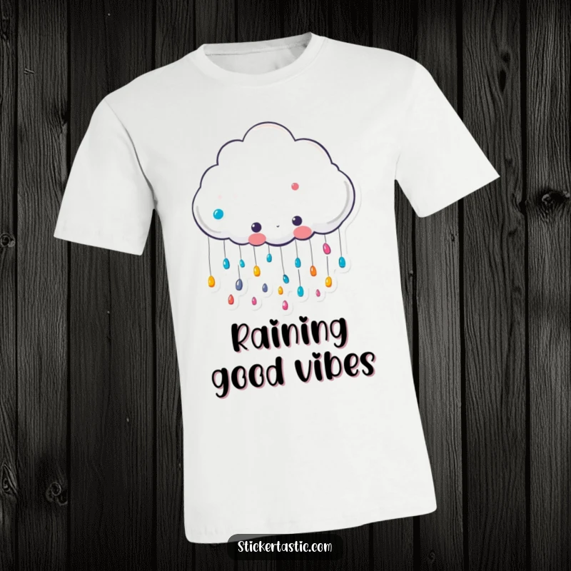 Funny cute cloud character raining colorful stickers t-shirt, a smiling cloud showering vibrant stickers, perfect for whimsical, funny fashion.