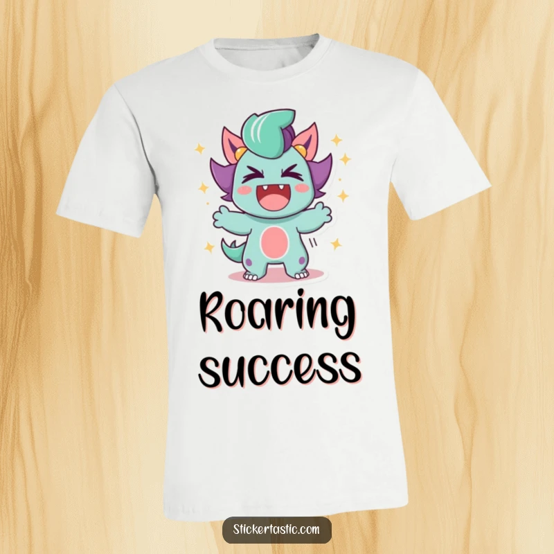 Funny T-Shirt depicting a character roaring victoriously, with a shower of bright sparkles celebrating their success and strength.