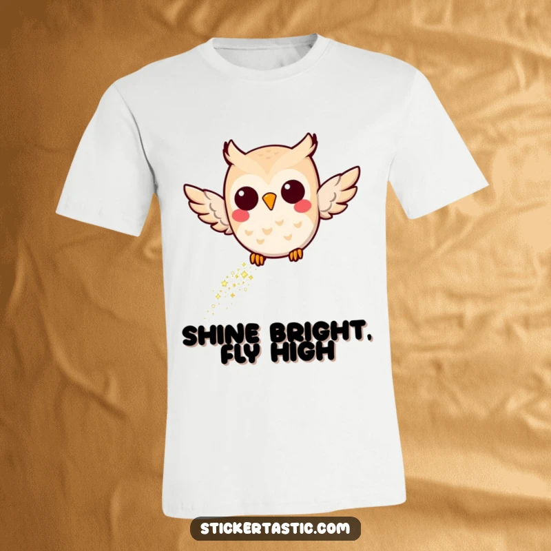Funny Joyful Owl T-Shirt: A happy owl in flight, trailing a dazzling stream of glitter, radiating pure joy and whimsy.