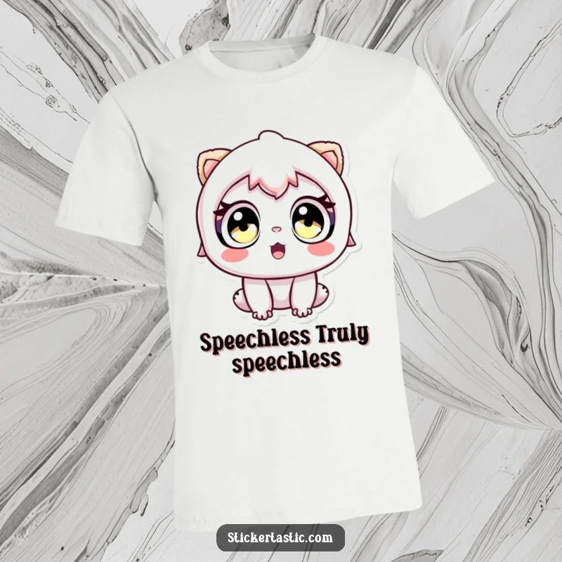 Funny t-shirt featuring a character with wide, amazed eyes gazing at a sticker, highlighting sticker appreciation.