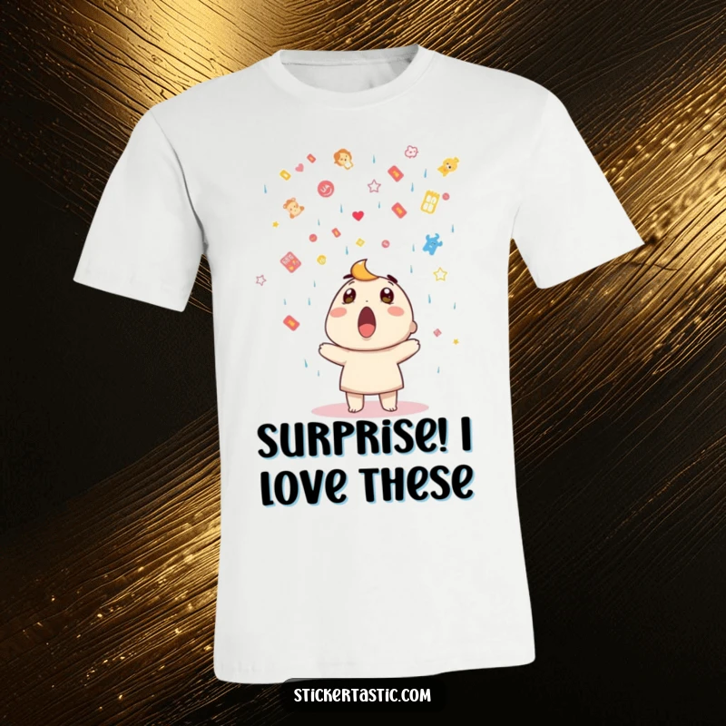 Funny T-shirt depicting a surprised character witnessing a cascade of colorful stickers falling from above.