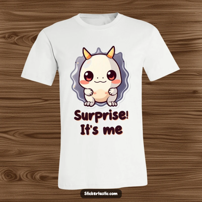 Funny monster t-shirt featuring a cute, shy monster peeking out from behind a big, shiny sticker. Captures a playful and curious vibe.