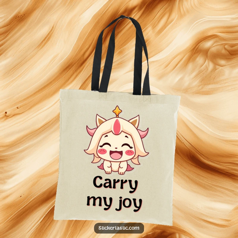 Funny Tote Bag featuring a stylized character with a wide, beaming smile, perfect for carrying essentials with a happy, positive vibe.