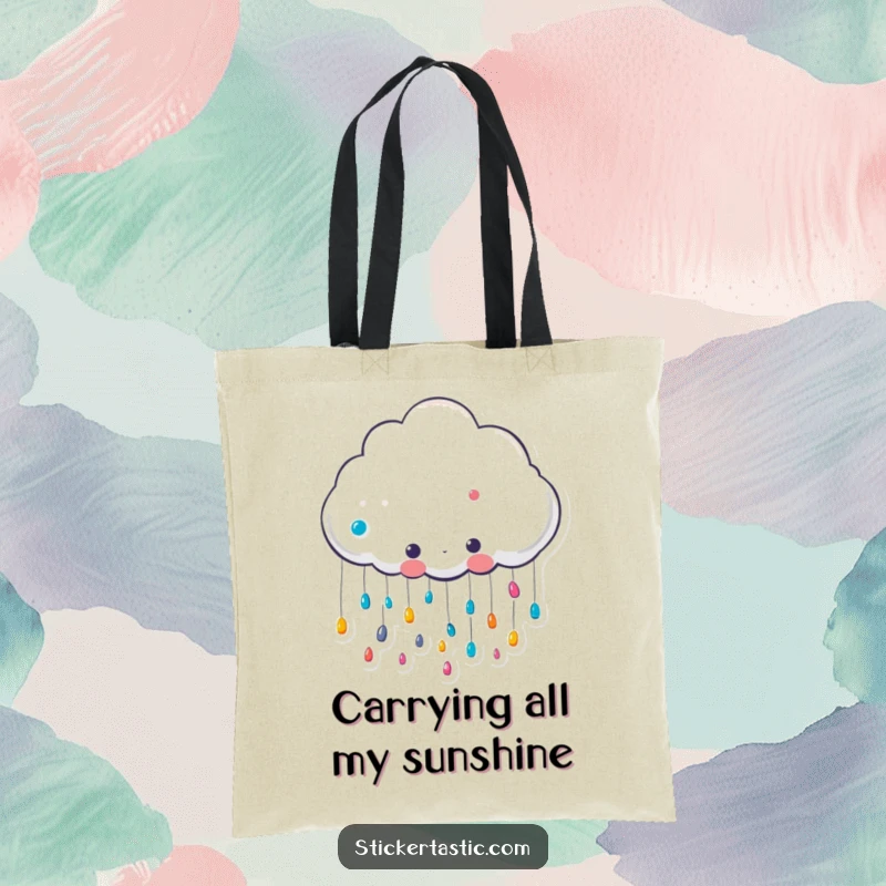 Funny cute cloud character raining colorful stickers tote bag, a smiling cloud showering stickers, great for funny, stylish, and practical use.
