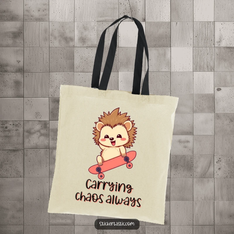 Funny Hedgehog Tote Bag: A happy hedgehog riding a skateboard upside down, designed for carrying items with a dose of extreme humor.