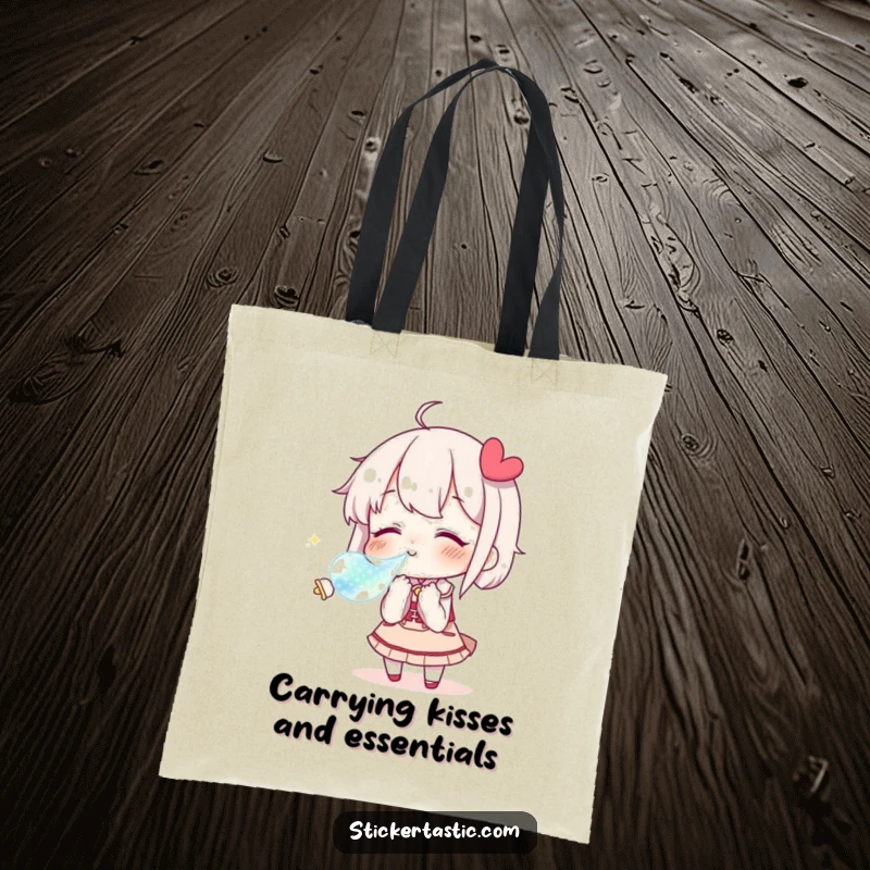 Funny Tote Bag showcasing a character blowing a kiss towards a shimmering sticker, perfect for carrying love and essentials.