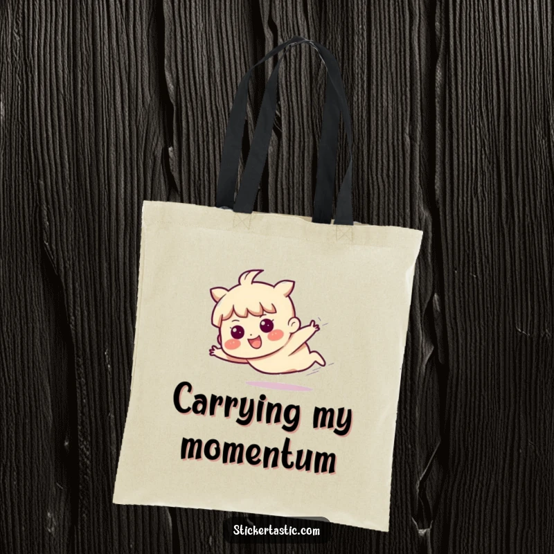 Funny tote bag showcasing a character sliding with a happy, determined expression, embodying joyful forward motion.