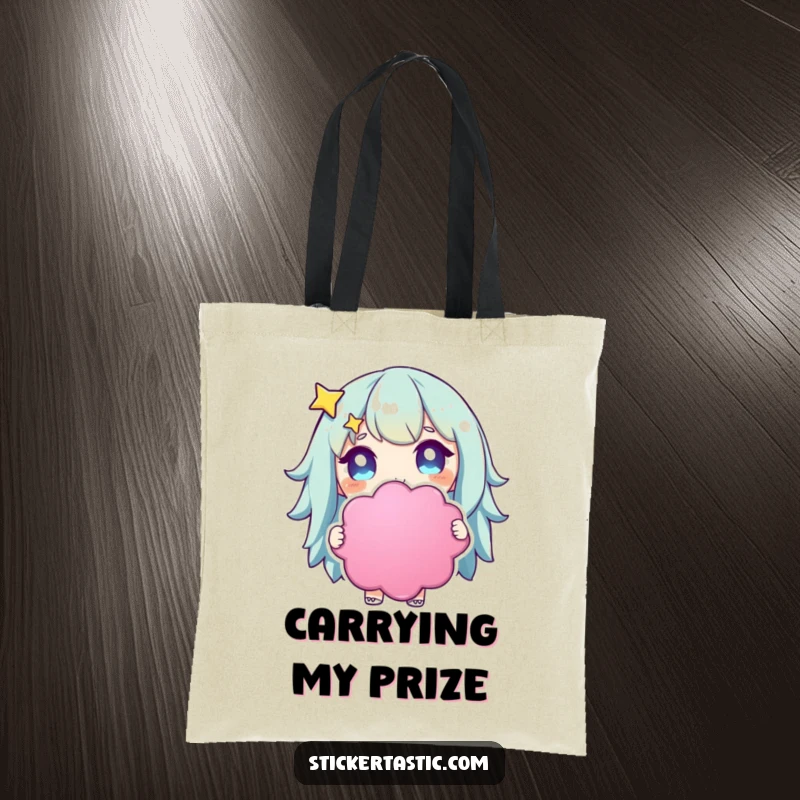 Funny starry-eyed character tote bag with a character holding a giant, colorful sticker, eyes filled with admiration.