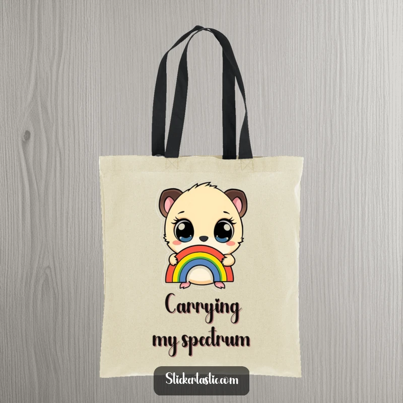 Funny tote bag depicting a small creature with wide eyes holding a colorful rainbow sticker, perfect for carrying essentials whimsically.