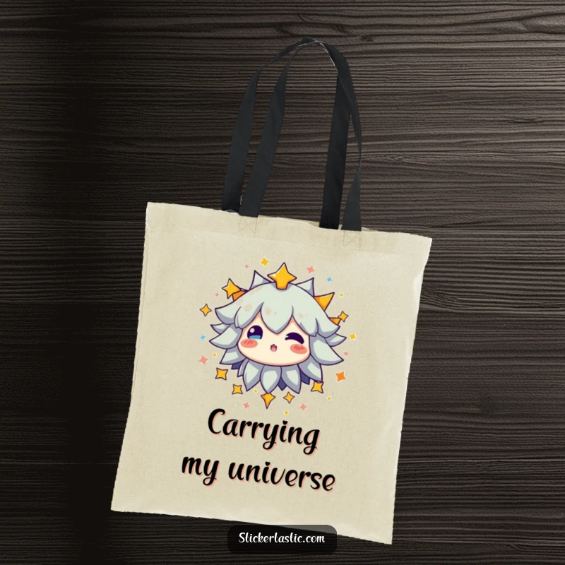 Funny tote bag showcasing a character surrounded by a spectacular burst of bright, multi-colored stars, radiating joy.