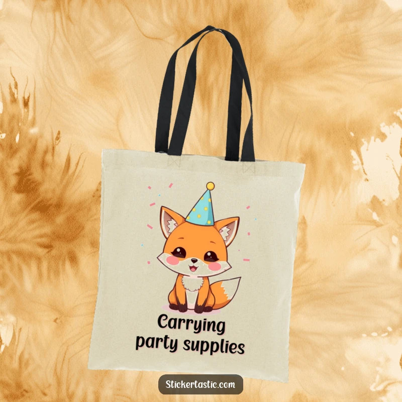 Funny tote bag showcasing a delighted fox in a party hat with confetti, perfect for carrying party supplies and spreading festive cheer.
